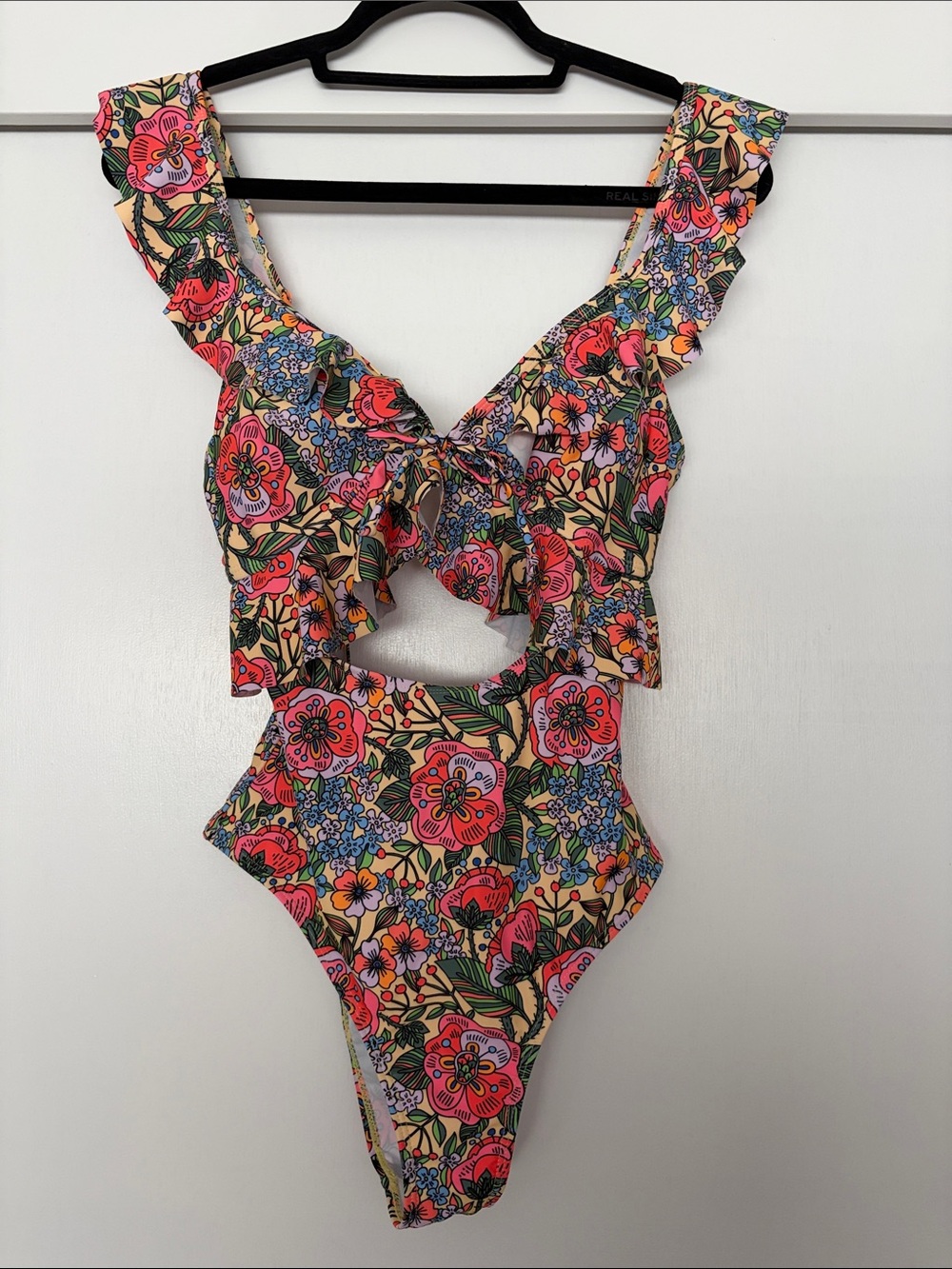 SHEIN Floral Ruffle One-Piece Swimsuit in Pink and Green